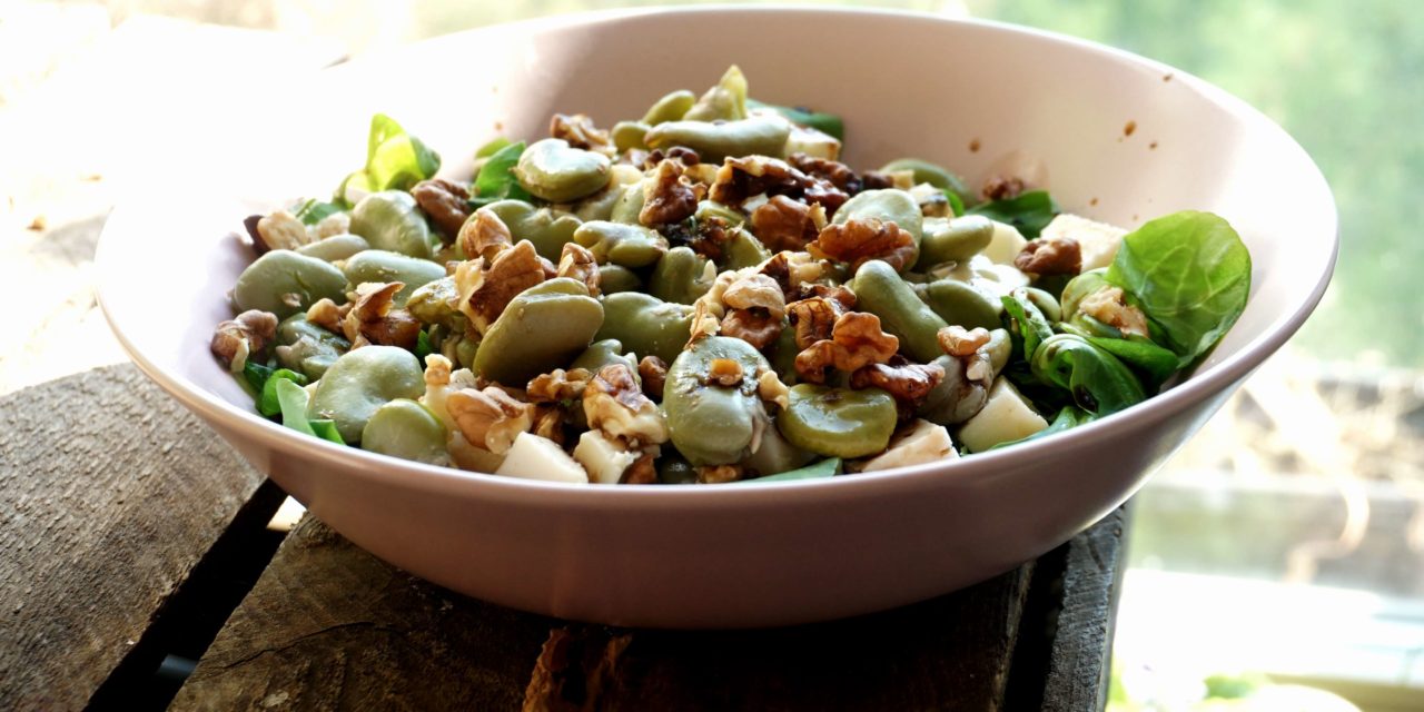 Broad bean salad with blue cheese and walnut